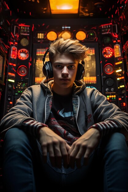 Foto een jonge blonde man met koptelefoon en een videogameconsole ondergedompeld in junglepunk vibes