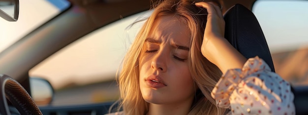 Een jonge blonde verdrietige vrouw zit achter het stuur van een auto en houdt haar hoofd in wanhoop coveri