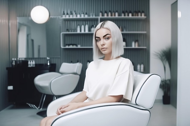 Een jonge blonde vrouw met een mooi kapsel zit op een stoel in een schoonheidssalon gegenereerd door AI Elegant
