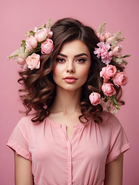 Een jonge brunette vrouw met een kapsel van voorjaarsbloemen in haar haar op een roze vaste achtergrond Vrouwelijke schoonheid portret make-up kapsel stylist vrouwelijke energie AI gegenereerd