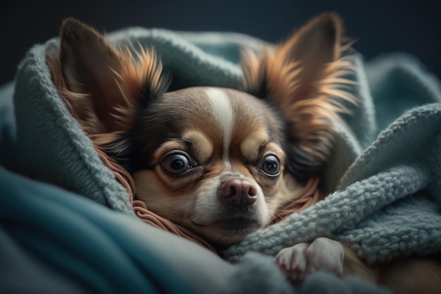 Een jonge Chihuahua-hond onder een deken Het huisdier koestert zich onder de plaid Generative AI