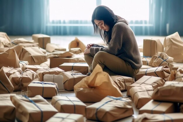 Een jonge Chinese vrouw, uitgeput van het inpakken van pakketten, verbrandde uit haar baan.