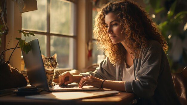 Foto een jonge dame die thuis aan haar laptop werkt naast een raam met een kat op de tafel generatieve ai