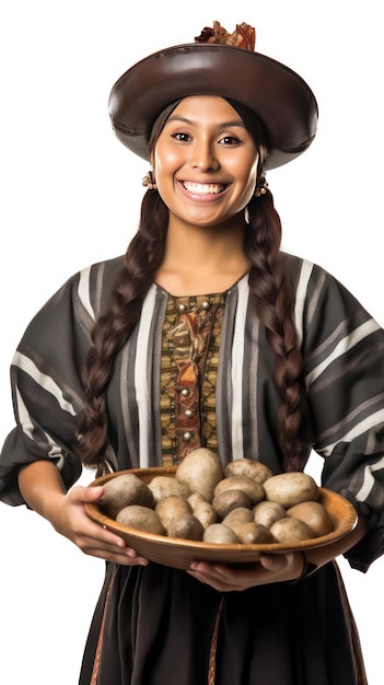 Een jonge dame met een zwarte leren hoed die een bord met aardappelen vasthoudt en recht voor zich uit kijkt