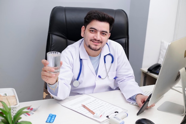Een jonge dokter zit op de stoel in de kliniek en houdt een waterglas in de hand