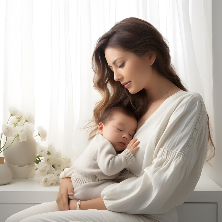 Een jonge en mooie moeder zit met een schattige baby in haar armen die net een maand oud is geworden.