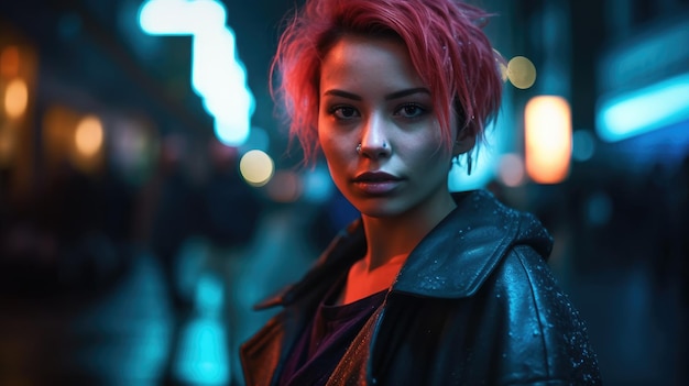 Een jonge en stijlvolle mooie vrouw close-up portret Ze loopt door de stad van cyberpunk