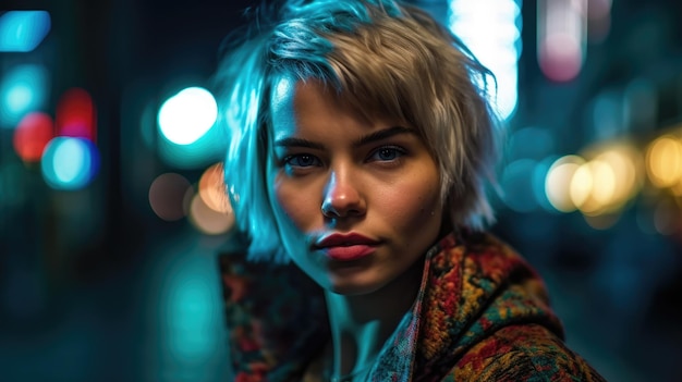 Een jonge en stijlvolle mooie vrouw close-up portret Ze loopt door de stad van cyberpunk