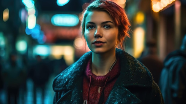 Een jonge en stijlvolle mooie vrouw close-up portret Ze loopt door de stad van cyberpunk