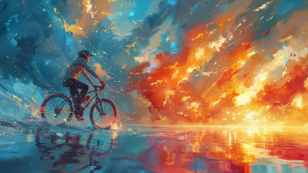 Een jonge fietser met kleurrijke energie digitale kunst stijl illustratie schilderij