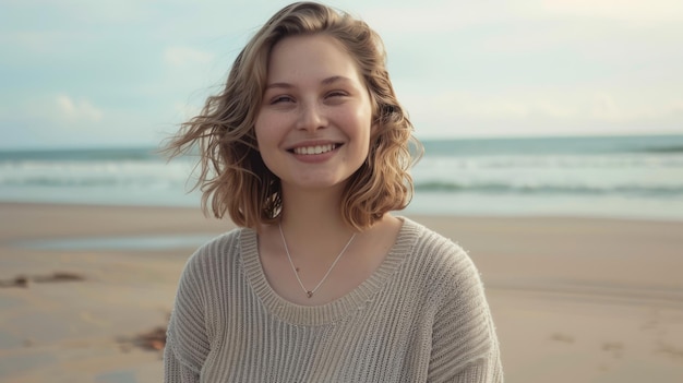 een jonge glimlachende blanke vrouw die op het strand loopt