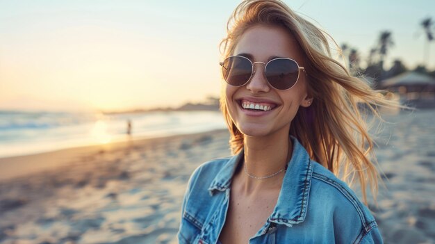 een jonge glimlachende blanke vrouw die op het strand loopt