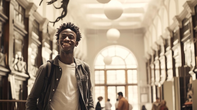 Een jonge glimlachende gelukkige student donkere zwarte Afro-Amerikaanse man staat in de foyer van educatio