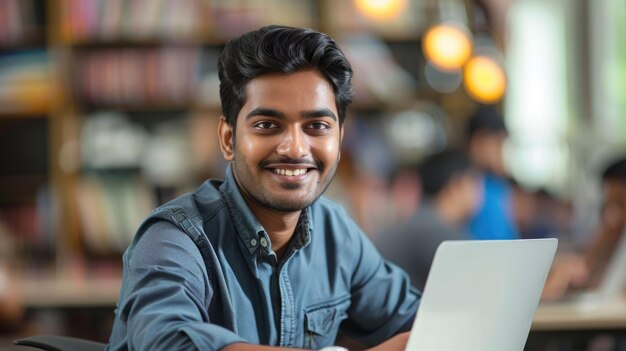 Een jonge glimlachende Indiase zakenman zit bij zijn laptop in het kantoor.