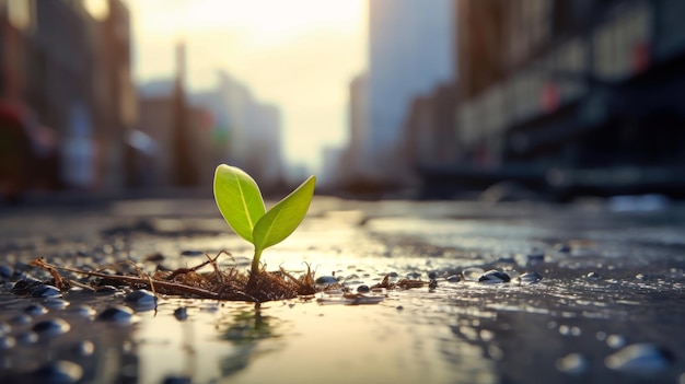 Een jonge groene plant breekt door het asfalt in het stadscentrum en symboliseert de veerkracht van de natuur en het belang van de ecologie.