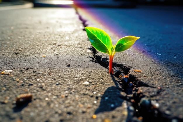Foto een jonge groene spruit baant zich een weg door een scheur in het asfalt generatieve ai