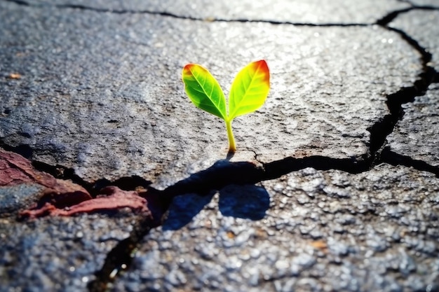 Foto een jonge groene spruit baant zich een weg door een spleet in het asfalt generatieve ai
