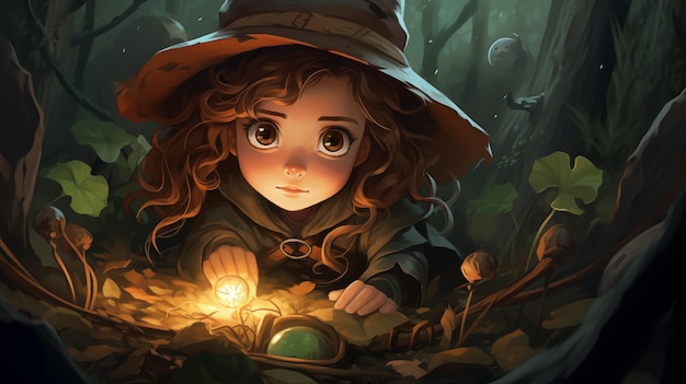 Een jonge heks in een grote hoed leert magie in het bos Digitale concept illustratie schilderij