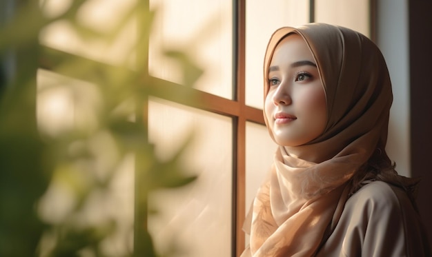 Foto een jonge hijab vrouw kijkt naar het venster glas