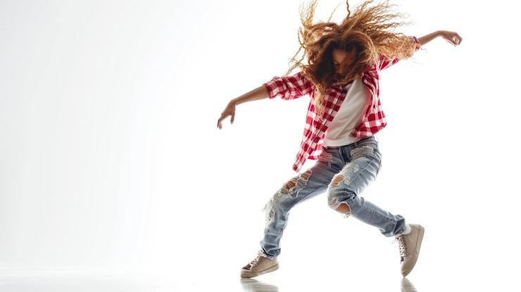 Foto een jonge hiphop vrouwelijke danseres danst op een witte achtergrond