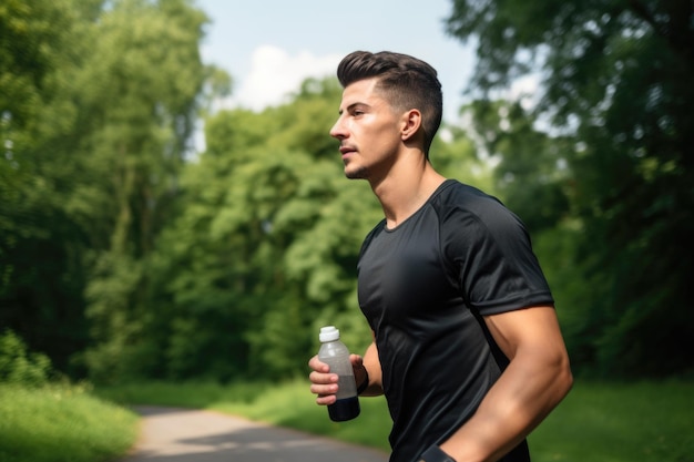 Een jonge jogger met een fles water gemaakt met generatieve AI