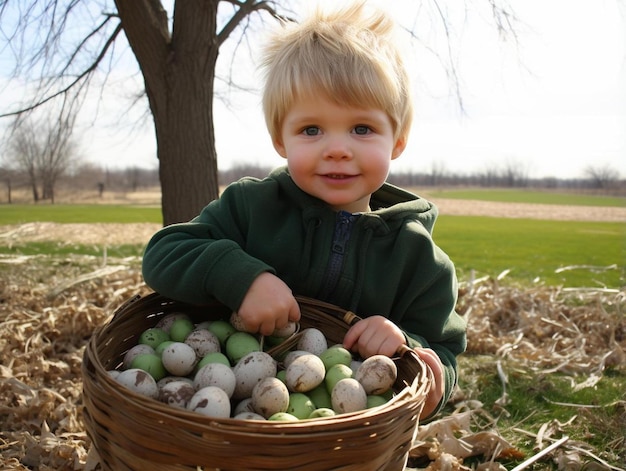 een jonge jongen die een mand vol eieren vasthoudt