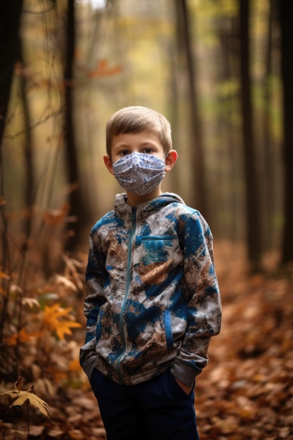 Een jonge jongen die een masker draagt terwijl hij in een bos is gemaakt met generatieve AI