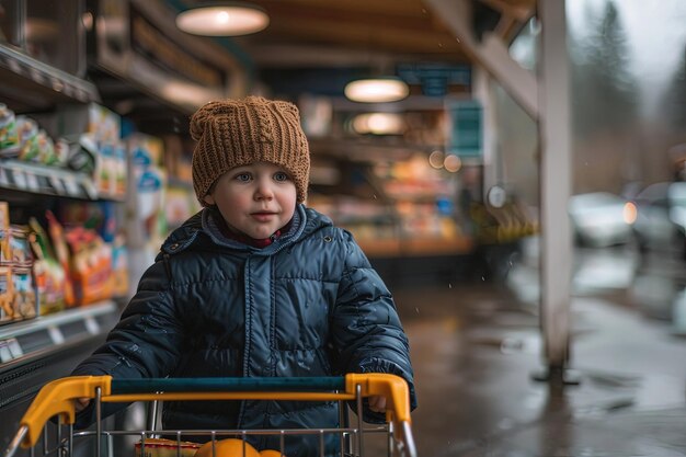 Foto een jonge jongen die een winkelwagentje in een supermarkt duwt