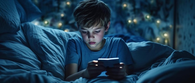 een jonge jongen die in bed zit en naar een mobiele telefoon kijkt