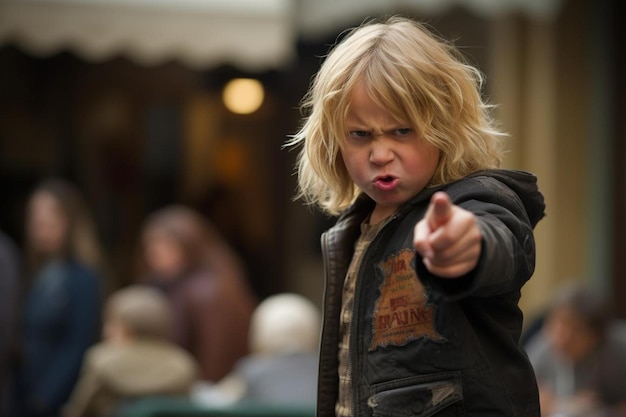 Foto een jonge jongen die naar een camera wijst met een jasje waarop ok staat