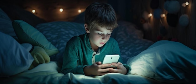 een jonge jongen die op een bed zit en naar een mobiele telefoon kijkt