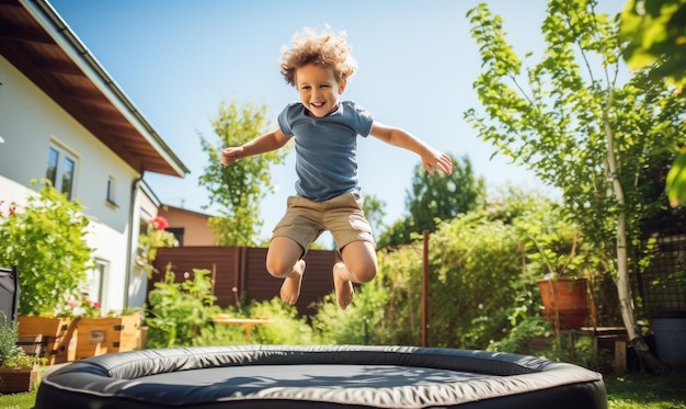 Foto een jonge jongen die op een trampoline springt in een achtertuin