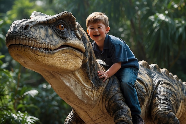 Foto een jonge jongen die op een trex-dinosaurus rijdt.