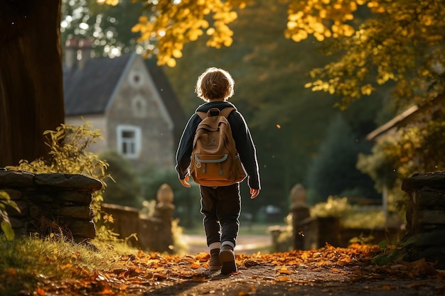 Een jonge jongen die van achter Generative Ai terug naar school loopt