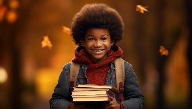 Een jonge jongen glimlacht en houdt een rugzak vol boeken vast