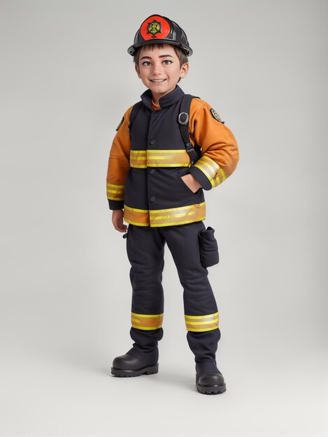 een jonge jongen in een brandweerman kostuum