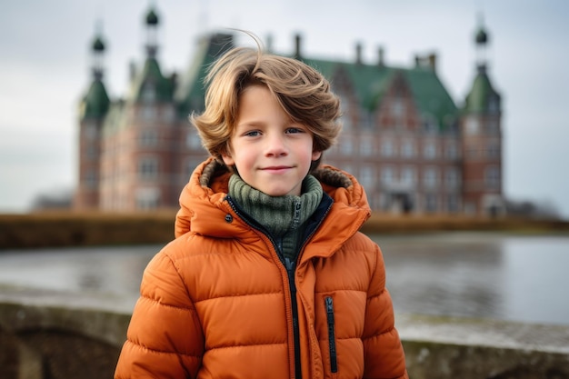 een jonge jongen in een oranje jas die voor een kasteel staat