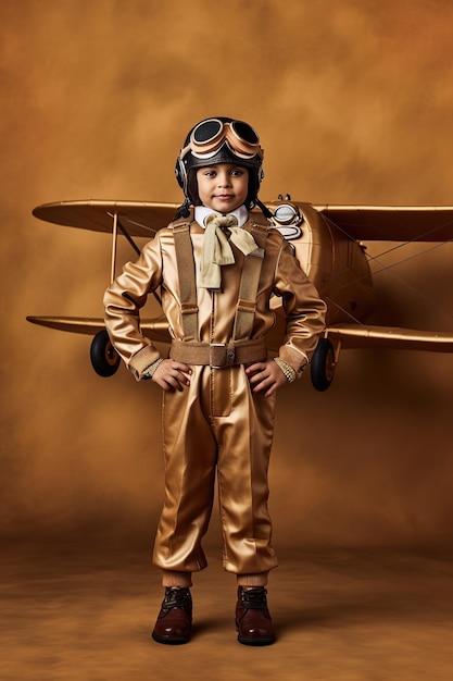 Een jonge jongen in een pilotenuitrusting die naast een generatief ai-beeld van een vliegtuig staat