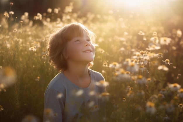 Een jonge jongen in een veld met madeliefjes