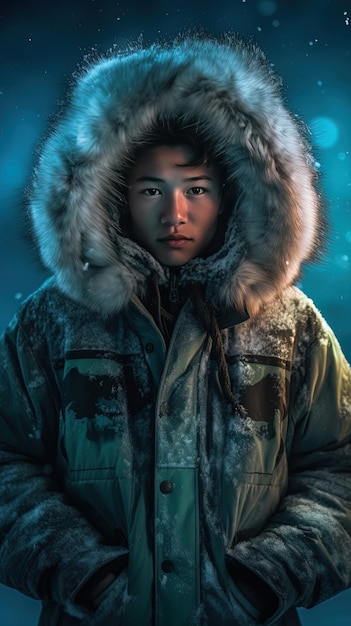 Een jonge jongen in een winterjas met een capuchon waarop " het woord " staat.