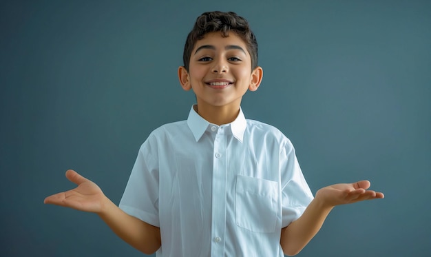 Een jonge jongen in een wit hemd met zijn handen uitgestrekt