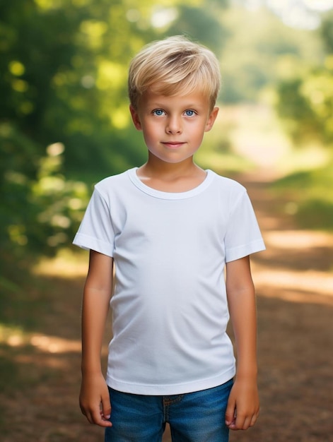 Foto een jonge jongen in een wit overhemd staat in het bos.