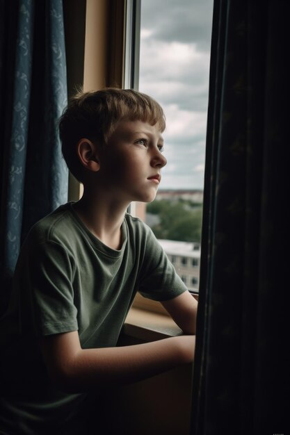 Foto een jonge jongen kijkt uit zijn hotelvenster.