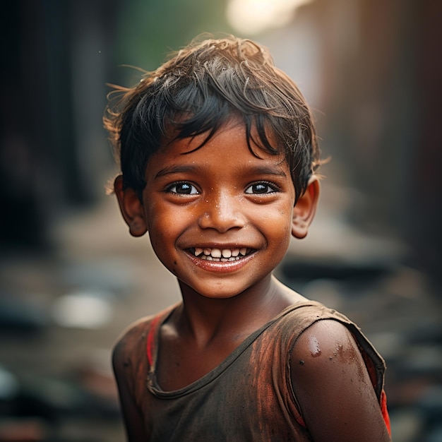 Een jonge jongen lacht in een dorp.