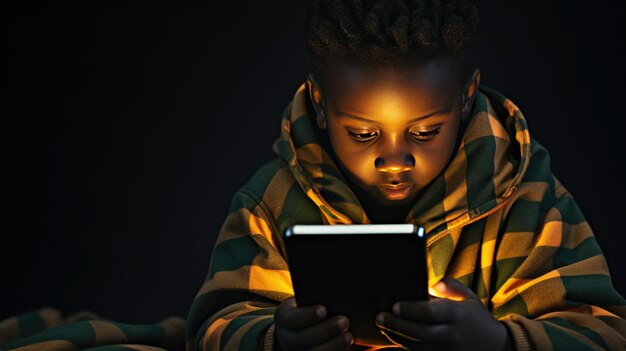 Een jonge jongen leest op een tablet in het donker