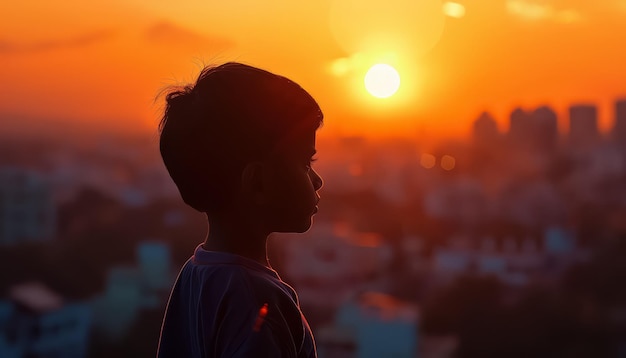 Een jonge jongen met bruin haar en blauw shirt die naar de zonsondergang kijkt