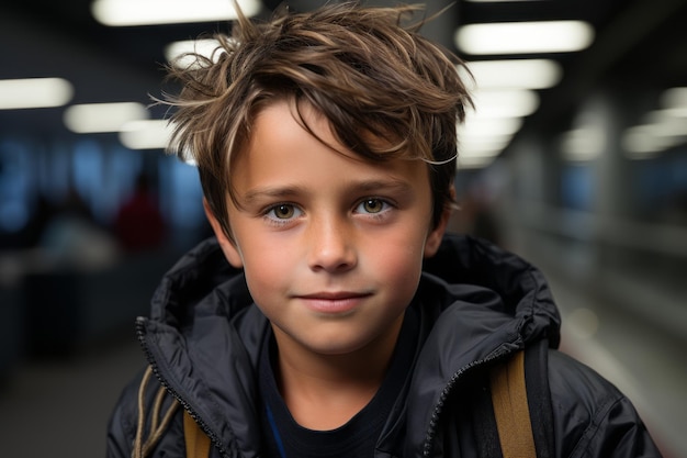 een jonge jongen met een rugzak op een luchthaven