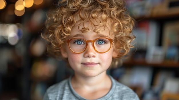 Een jonge jongen met krullend haar en een bril.