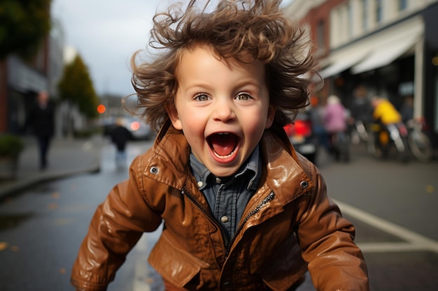 een jonge jongen met zijn mond open op straat