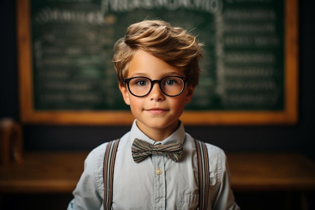 een jonge jongen poseren voor schoolbord